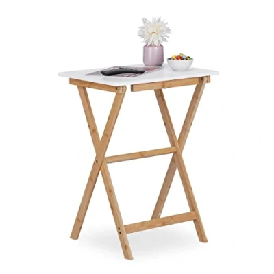 Image of Relaxdays Folding Table, Bamboo, HxWxD: 63 x 47.5 37 cm, Space Saving, Sturdy, for Indoors &amp; Outdoors, White/Natural