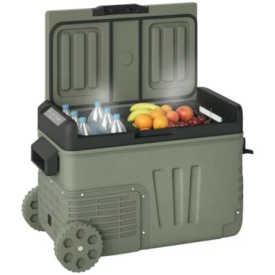 Image of Outsunny 33L Camping Fridge Freezer Dual Zone, Portable Car 12V/24V DC &amp; 100 240V AC, Electric Cool Box 20℃ with Wheels and LED Light, for Travel, RV, Road Trip, Picnic [Energy Class E]