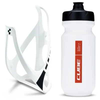 Image of Cube HPP Cage Matt White/Black &amp; Icon Bottle Teamline, 500ml / Water Drink Flask Vessel Bidon Holder Mount Bracket Kit Lightweight Plastic Drinking Hydration Biking Bike Riding Frame Accessories
