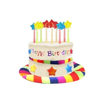 Image of Lizzy 1 x Rainbow Happy Birthday Cake Hat with Multicolour Candles Party Headwear, Ideal for Fancy Dress Costume Accessories, Funny Hats Kids &amp; Adult