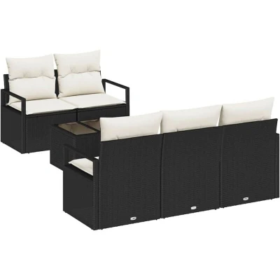 Image of vidaXL 6 Piece Garden Sofa Set with Cushions Black Rattan