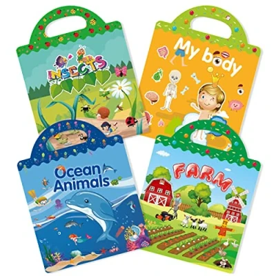 Image of GUYUCOM 4 Pack Reusable Sticker Books, Toys for Age 2 3 Year Old Kids Boys Toddlers, 3D Clear Ocean Boay Insect Farm Book Educational Learning Toy Birthday Gifts