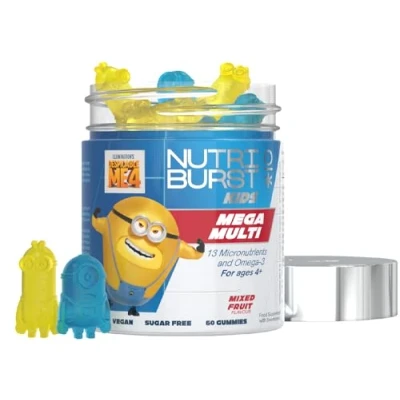 Image of Nutriburst Minions MEGA Multi Vitamins for Kids Chewable Multivitamins Growth &amp; Development: Vitamin A, B12 C, D3, E, Iron, Omega 3 Vegan + Sugar Free Fruity Flavour 60 Gummies