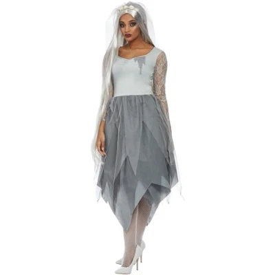 Image of Smiffys Grave Yard Bride Costume, Grey Dress &amp; Veiled Headband, Halloween Adult Fancy Dress, Witch Up Costumes