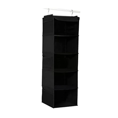 Image of BrilliantJo Hanging Wardrobe Storage with 5 Shelves Heavy Duty Organiser Unit 6 Pockets for Sweaters, Shoes, Accessories Black(30 x 30 108cm)