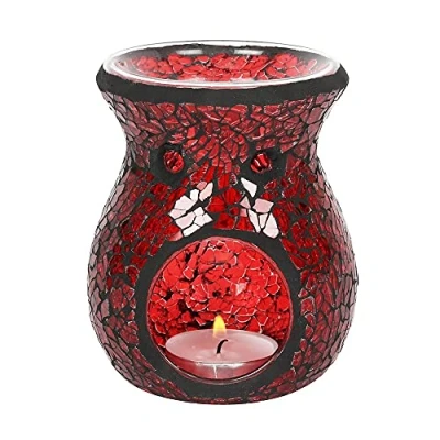 Image of ZALE YARDLEY Wax Melt Burner, Red Crackle Glass Design Oil Round Tea light, for Room Décor, Ornaments, Made with (Small Crackle)