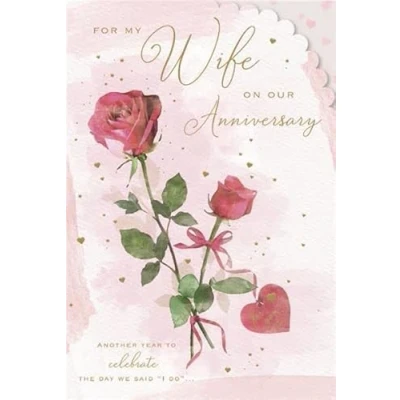 Image of ICG &#039;Lovely Wife&#039; Anniversary Card Two Roses and Love Hearts with Gold Foil Flitter Finish Made in England