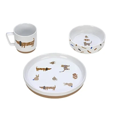 Image of LÄSSIG Crockery Set Porcelain Children&#039;s Plate Bowl Cup with Silicone Ring Non Slip Tableware Little Mateys