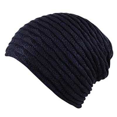Image of Itzu Premium Unisex Slouch Beanie Ribbed Knit Winter Hat Warm Thick Faux Fur Fleece Lining in Blue