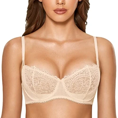 Image of DOBREVA Women&#039;s Lace Balconette Bra Half Cup Non Padded Push Up Underwire Sheer Bras Beige 32E