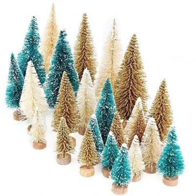 Image of Zeako 24PCS Mini Christmas Trees Miniature Sisal Snow Frost Tabletop with Wooden Base, Models for Party Home Decoration Table Top (24pcs White+gold+green)