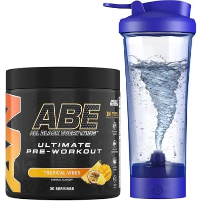 Image of Applied Nutrition Bundle ABE Pre Workout 375g + Electric Shaker All Black Everything Powder, Energy Drink, Physical Performance, Creatine, Beta Alanine, Caffeine (Tropical)