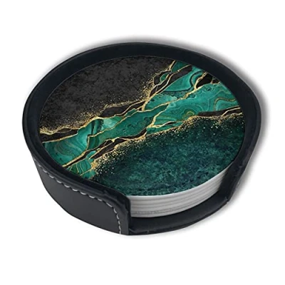 Image of Gold Foil Green Malachite Leather Drinks Coasters with Holder Set of 6, Suitable for Kinds Cups