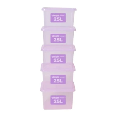 Image of Wham Plastic Storage Boxes With Lids Home Office Stackable Nestable Container Box, 25L Easy fit Underbed Protective 42.5 x 33 25.5 cm Tint Lilac (Set of 5)