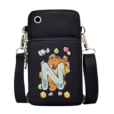 Image of FINDING CASE initial letter Printed Women Girls men Zipper Waterproof Nylon 3 Layers Crossbody Bags Wallet Cellphone Purse Shoulder Bag Wristlet Handbags Adjustable Strap (Bear N)