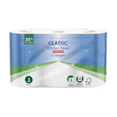 Image of by Amazon Classic Kitchen Roll, 3 ply, Strong and Absorbent, Rolls (1 Pack of 3), 80 Sheets per FSC Certified