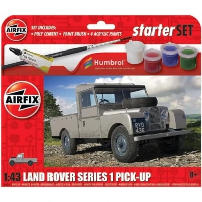 Image of Airfix Starter Set A55012 Land Rover Series 1 Pick Up Model Building Kit Plastic Car Kits for Adults &amp; Children 8+, Includes Decals, Humbrol Acrylic Paints, Brush Poly Cement