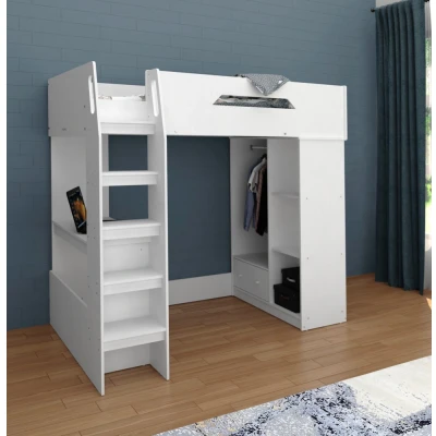 Image of Kudl High Sleeper 01 Children&#039;s Bed, with Desk, Storage and Hanging Area MFC/Wood L123.5 x W195 H180 cm White