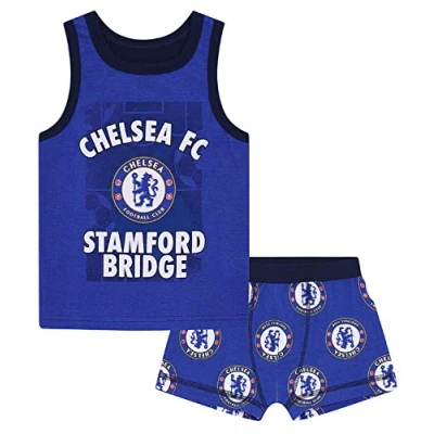 Image of Chelsea FC Official Football Gift Boys Boxer Shorts &amp; Vest Set 8 9 Years Blue