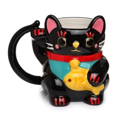 Image of Puckator Black Maneki Neko Lucky Cat Ceramic Shaped Tea Coffee Mug Funny Home Accessories Cute Gifts for Girlfriend Large Mugs Men Women Hot Drinks Cups Presents Secret Santa Gift Cup Set