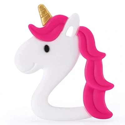 Image of PREMYO Teething Toy for Baby Teether Silicone Soothes Sore Gum Pain Easy to Grab BPA Free Unicorn Red