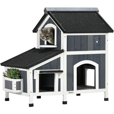Image of PawHut Wooden Outdoor Cat House with Flower Pot, Windows, Multiple Entrances, Water Resistant Roof Grey