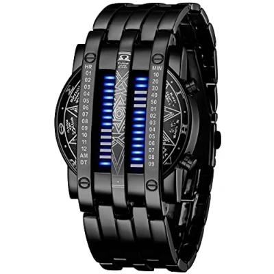 Image of Mens Creative Binary Digital Watches Unique Matrix LED Watch Futuristic Cool Stainless Steel Wrist Watch, U Black Blue, Fashion
