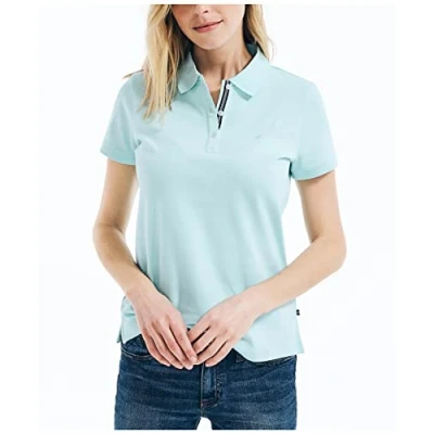 Image of Nautica Women&#039;s 3 Button Short Sleeve Breathable 100% Cotton Polo Shirt, Sea Water Blue, XL