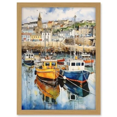 Image of Artery8 Penzance Harbour Trawler Boats Promenade Watercolour Painting Cornwall Coastal Townscape Artwork Framed A3 Wall Art Print