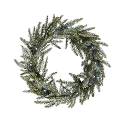 Image of WeRChristmas Pre Lit Frosted Fir Wreath Illuminated with 20 White LED Lights, 50 cm Silver