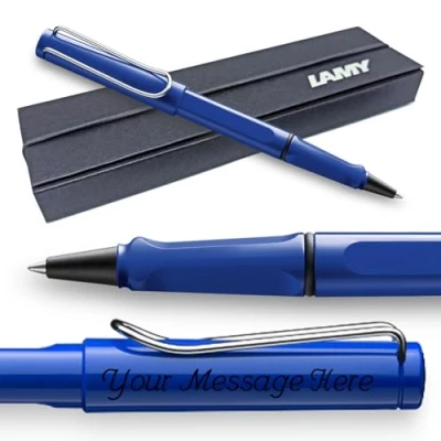 Image of Lamy Safari Rollerball Pen with personalized engraving. Ergonomic grip, medium line width, robust ASA plastic, includes blue M 63 refill, and comes gift boxed. (Blue)