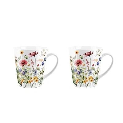 Image of Purely Home Wildflower Floral Mug Set of 2 Small Latte Mugs White Ceramic Tea/Coffee Present Gift for Nature Lovers