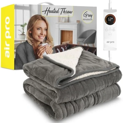 Image of Air Pro Heated Throw Electric Blanket Digital Controller Timer up to 9 hours, 6 Heat Settings, Auto Shutoff Machine Washable Double 150x200cm Grey Shearling