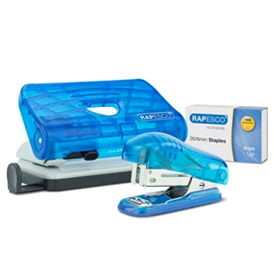Image of Rapesco 1719 Bug Stapler and 810 P 2 Hole Punch Set with 1000 26/6mm Staples, Transparent Blue
