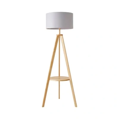 Image of MiniSun Modern Light Wood Tripod Design Floor Lamp with Storage Shelf &amp; Grey Drum Shade Complete a 6w LED Bulb [3000K Warm White]