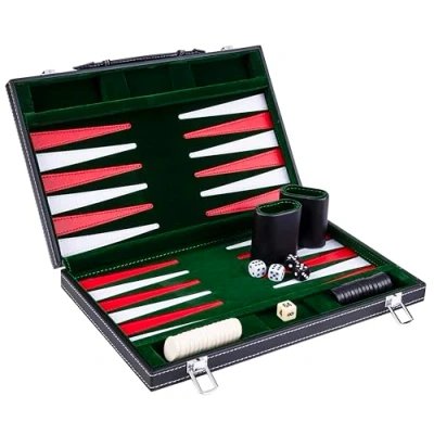 Image of Engelhart 250517 Backgammon 15&quot; Open: 36 x 48 cm inlaid velvet and stitching leatherette playing field in attache case