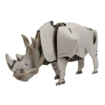 Image of Build Your Own Moving White Rhino Pull Tab Head Movement Action Eco Friendly Cardboard Craft Kit Ages 8+