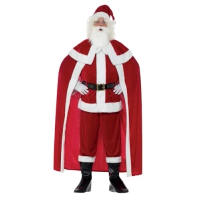 Image of Smiffys Deluxe Santa Claus Costume with Trousers, Red Jacket, Cape, Belt, Bootcovers, Gloves,Beard &amp; Hat, Christmas Adult Fancy Dress, Dress Up Costumes