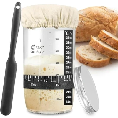 Image of Duffy Sourdough Starter Jar Kit, 750ml with Aluminum Lid, Date Marked Feeding Band, Silicone Scraper, Cloth Cover and Thermometer Band