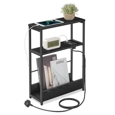 Image of VASAGLE Slim Side Table with Charging Station, 3 Tier Narrow Bedside Table, End for Small Spaces, Magazine Rack, Living Room, Bedroom, Study, Ebony Black and Ink LET335B03
