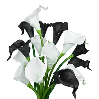 Image of Huahuashijie 15 Pcs Real Touch Calla Lily Artificial Flowers Wedding Bridal Bouquet Home Décor Party (White &amp; Black)