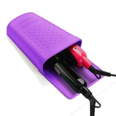 Image of ZAXOP Hair Straightener Holder,Heat Resistant Silicone Holder for Flat Iron,Curling Iron,Hot Tools,Vanity Accessories Fix with Stainless Steel Hook.(Purple)