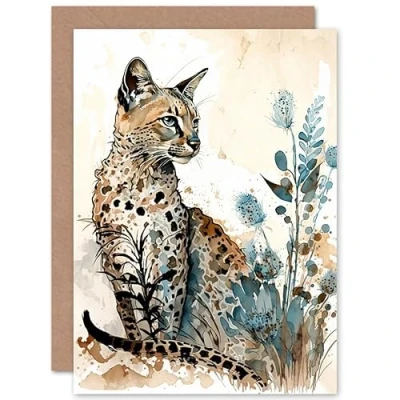 Image of Artery8 Savannah Cat and Wildflowers Modern Watercolour Ink Illustration Art Birthday Sealed Greeting Card Plus Envelope Blank inside