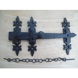 Image of Ironmongery World Fleur De LYS Black Antique Iron Cupboard Gate Door Latch Lock Surface Mounted