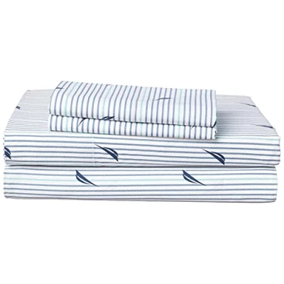 Image of Nautica Queen Sheets, Cotton Percale Bedding Set, Casual Home Decor (Audley Stripe Blue, Queen)