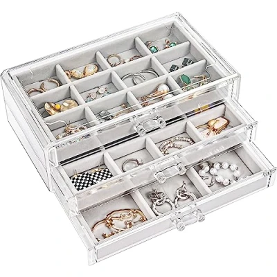 Image of ProCase Acrylic Earring Storage Organiser Jewellery Organizer Box with 3 Drawers, Stackable Jewelry Holder Clear Case Adjustable Trays for Women on Dresser Vanity Grey, Layers