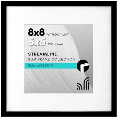 Image of Americanflat 8x8 Picture Frame in Black Use as 5x5 with Mat or 6x8 Without Thin Border Square Frame, Shatter Resistant Glass, and Easel for Wall Tabletop