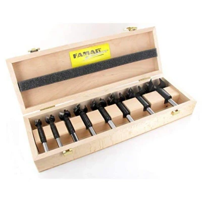Image of FAMAG Tct bormax Forstner Bit Carbide tipped, Set of 8 Pieces, 15, 20, 25, 30, 45, 40, 50mm, in Wooden Box, F166350800
