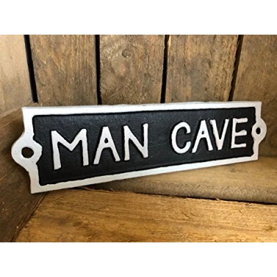 Image of Antique Black Cast Iron Wall Garden Garage Gate Door Sign Plaque &quot;Man Cave&quot;