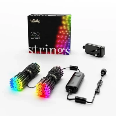 Image of Twinkly Strings 250 LED RGB, Light String for in and Outdoor, Christmas Lights, Smart Mappable LEDs, Compatible with Alexa Google Home, IP44, Controlled by App, Black Wire, 20m